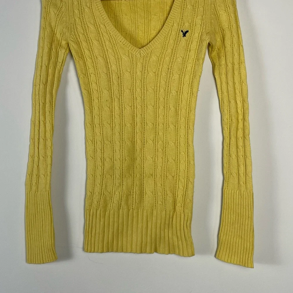Vintage‎ Y2K American Eagle Sweater Women XSmall Cable Knit V Neck Slim Longline - Picture 3 of 10